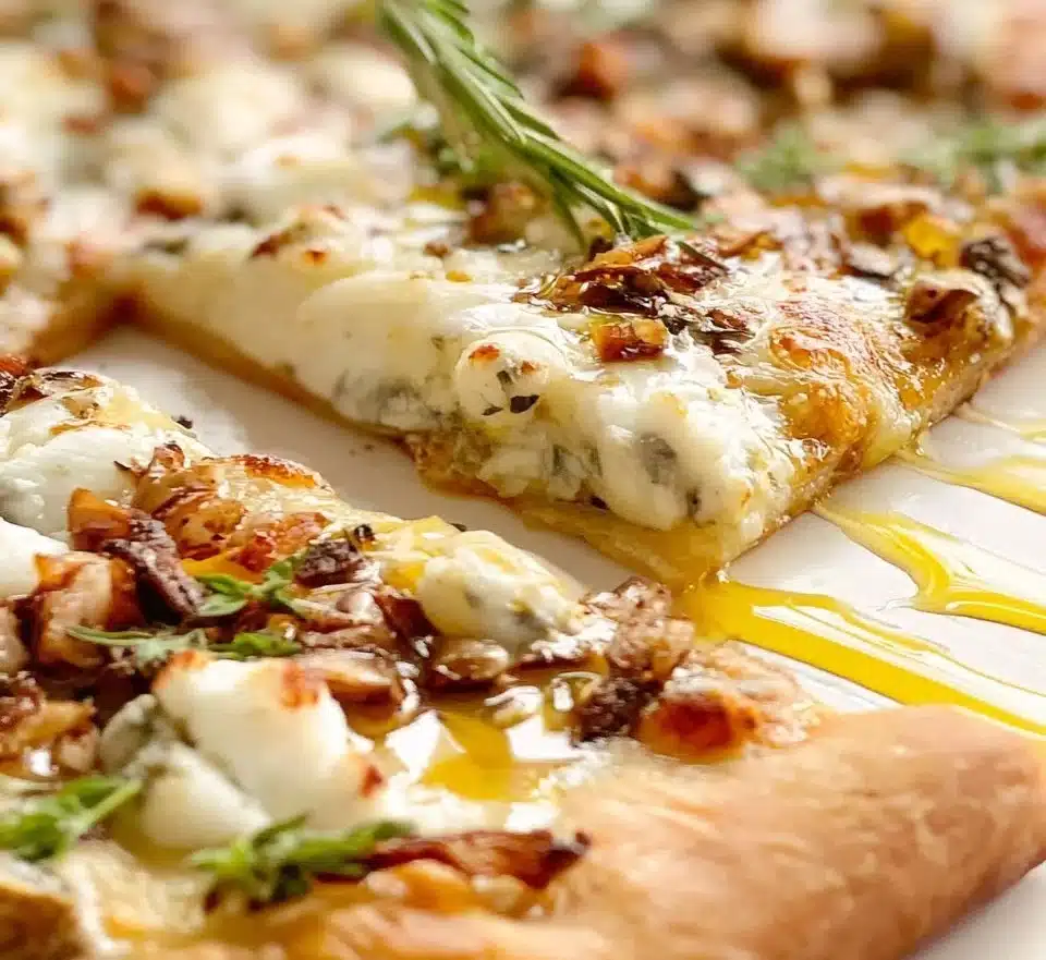 Honey Goat Cheese Pizza with creamy cheese and honey drizzle on fresh crust
