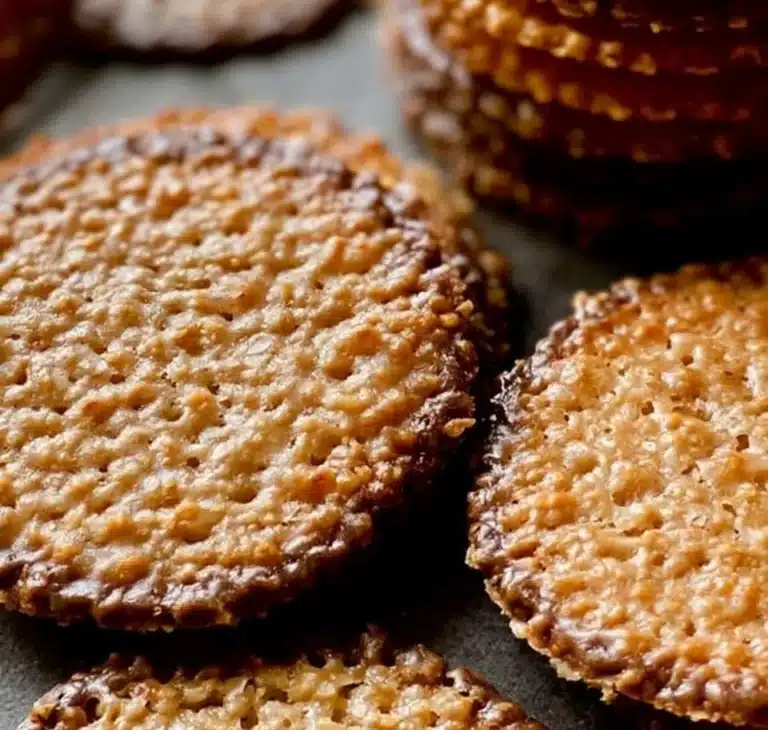 Homemade lace cookies stacked on a plate, showing their delicate texture.