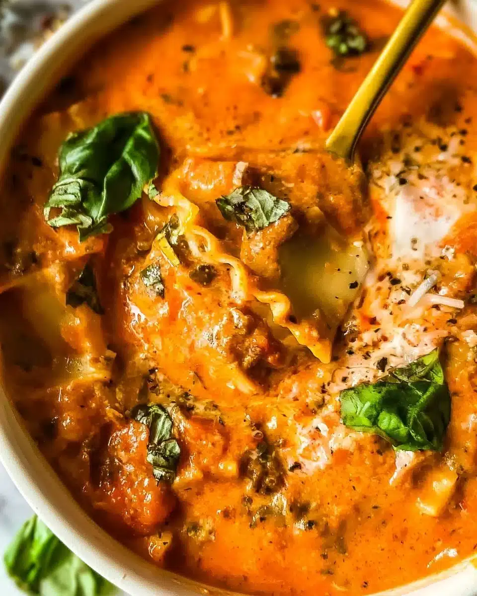 Delicious bowl of lasagna soup with cheese and herbs on a wooden table