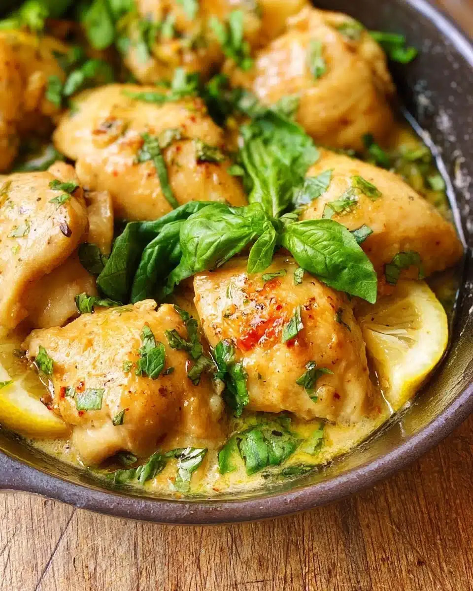 Delicious Lemon Basil Chicken garnished with fresh basil leaves.