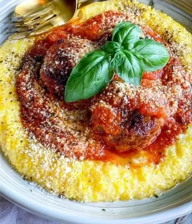 Delicious meatballs served with creamy polenta in a rustic presentation