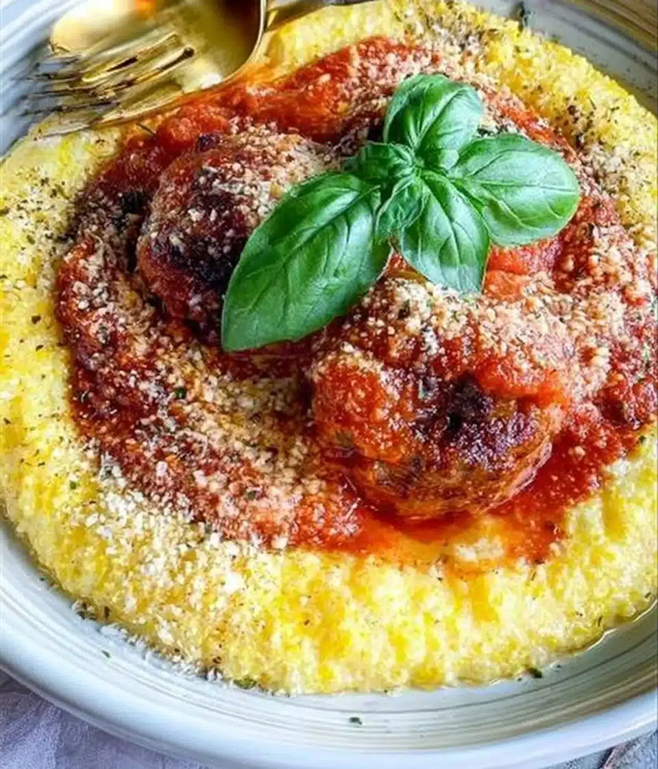 Delicious meatballs served with creamy polenta in a rustic presentation