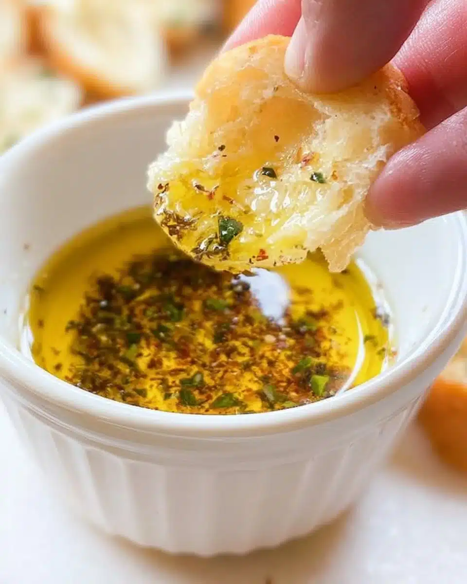 Delicious olive oil bread dip served with warm, crusty bread.