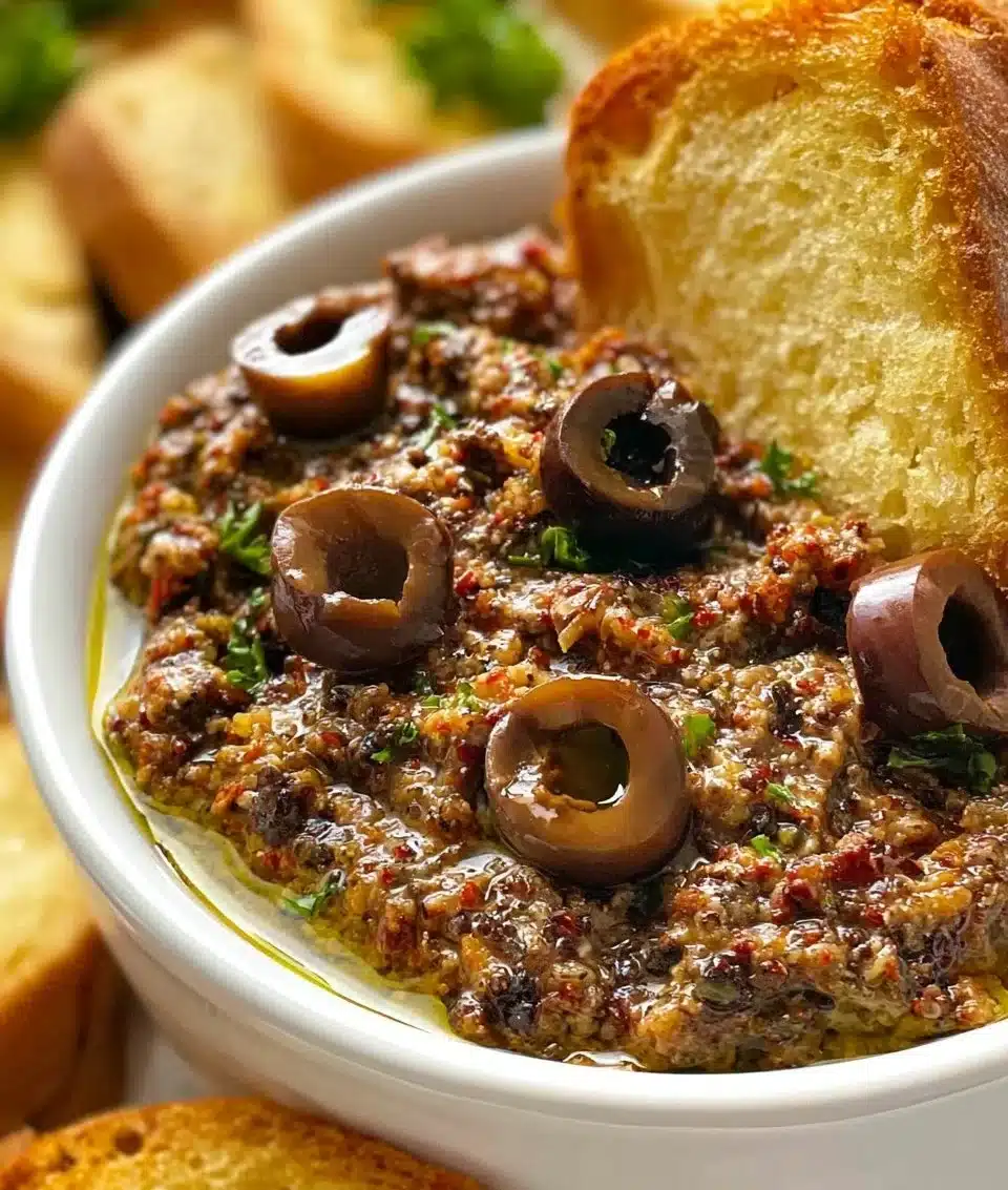 A bowl of homemade olive tapenade served with toasted bread.