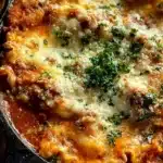 Delicious one pot skillet lasagna cooked in a skillet, featuring layers of pasta, cheese, and sauce.