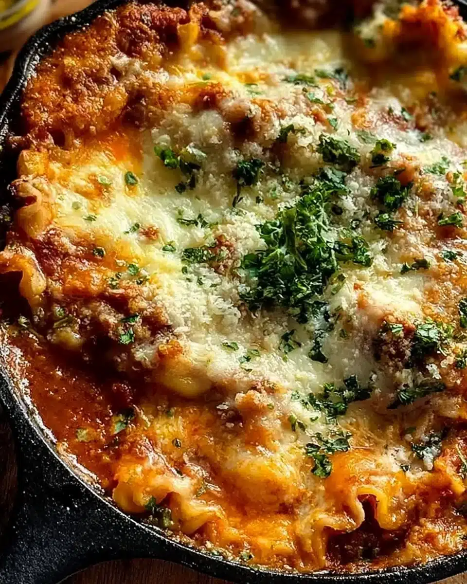 Delicious one pot skillet lasagna cooked in a skillet, featuring layers of pasta, cheese, and sauce.