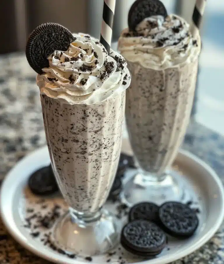Creamy Oreo Milkshake topped with crushed Oreos and whipped cream