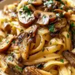 Creamy oyster mushroom pasta garnished with fresh herbs and parmesan cheese