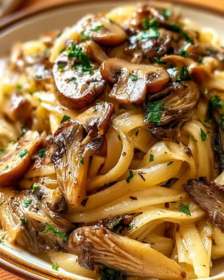 Creamy oyster mushroom pasta garnished with fresh herbs and parmesan cheese