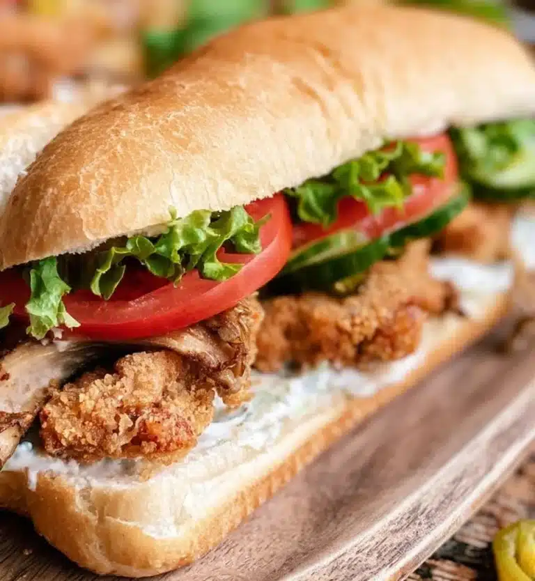 Delicious Oyster Mushroom Po Boy sandwich with fresh toppings and bread