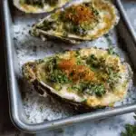 Delicious Oysters Rockefeller topped with herbs and breadcrumbs