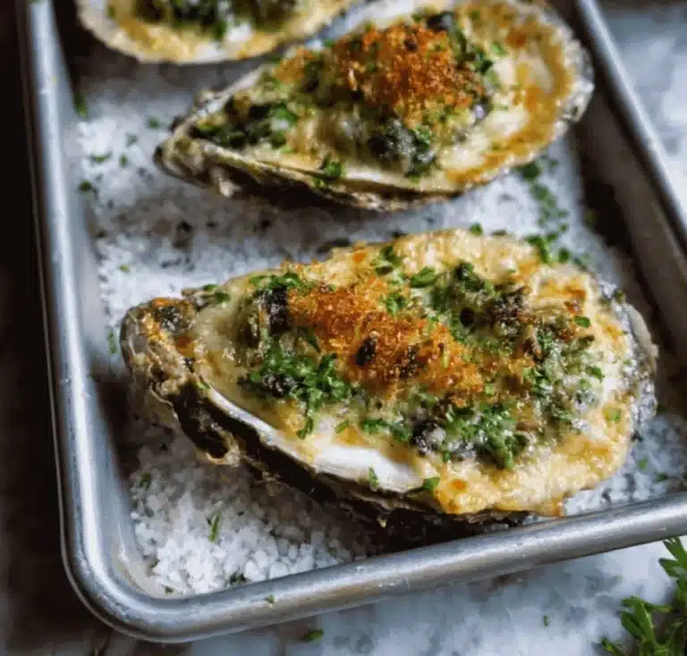 Delicious Oysters Rockefeller topped with herbs and breadcrumbs