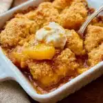 Delicious homemade Peach Cobbler dessert served in a rustic dish