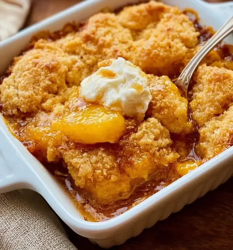 Delicious homemade Peach Cobbler dessert served in a rustic dish