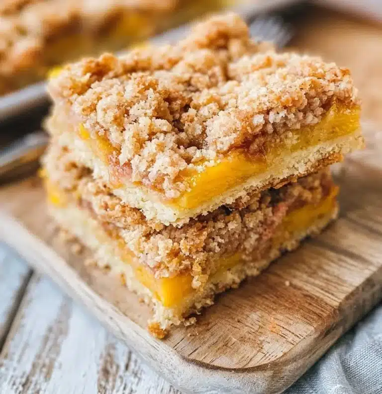 Homemade Peach Crumb Bars with a crispy topping and juicy peach filling