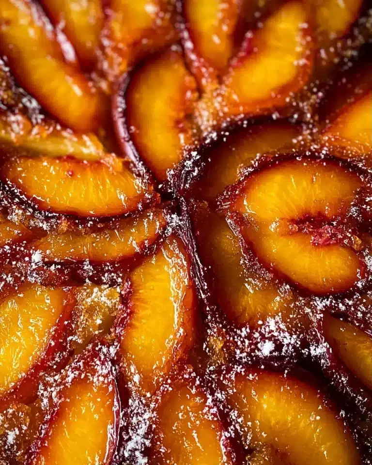 Delicious Peach Upside Down Cake with caramelized peaches on top