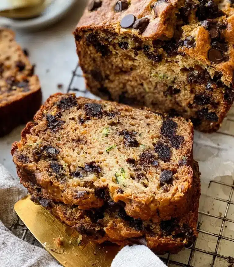 Peanut Butter Chocolate Chip Zucchini Bread slice on a plate