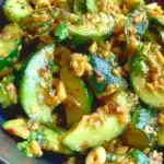 A fresh peanut cucumber dish garnished with herbs and a drizzle of sauce.