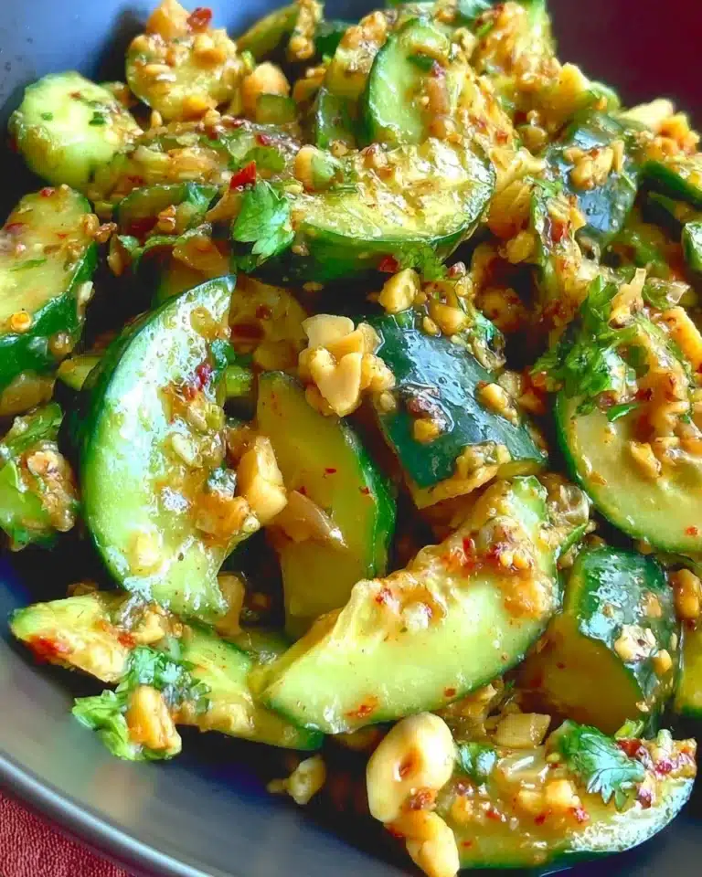 A fresh peanut cucumber dish garnished with herbs and a drizzle of sauce.