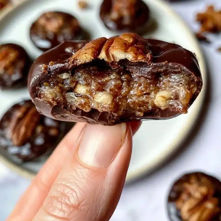 Delicious pecan pie bites topped with pecans and caramel drizzle.