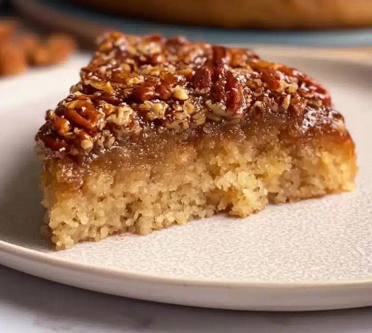 Delicious pecan upside down cake with caramelized pecans on top