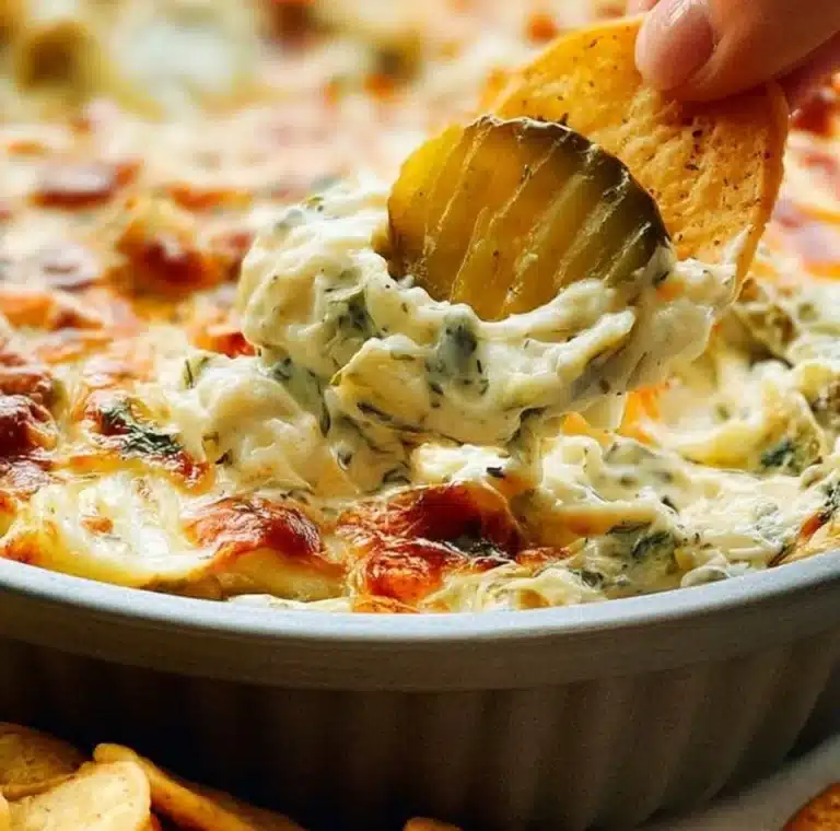 Bowl of creamy pickle dip served with chips and veggies