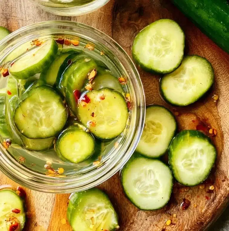 Jar of homemade pickled cucumbers with spices and herbs