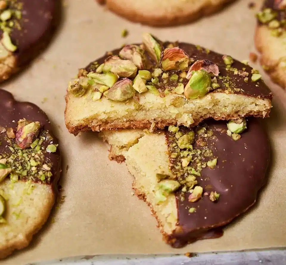 Pistachio shortbread cookies with a buttery texture and nutty flavor.