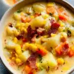 Bowl of creamy Potato Corn Chowder garnished with herbs