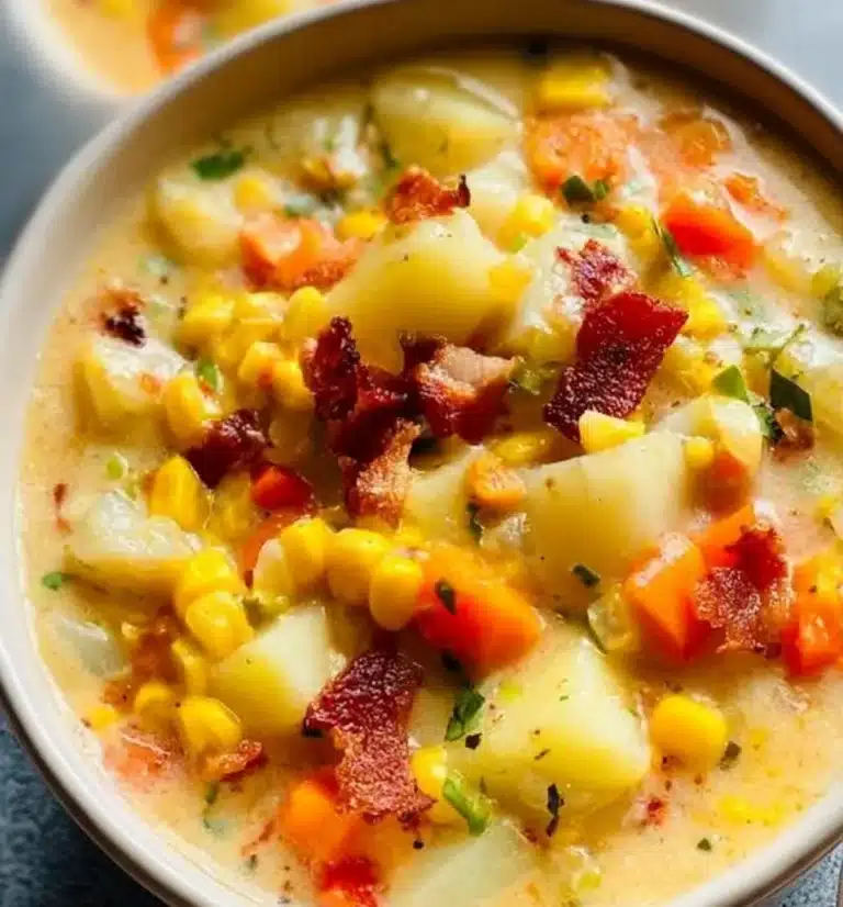 Bowl of creamy Potato Corn Chowder garnished with herbs