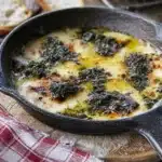 Deliciously melted Provoleta cheese served hot on a wooden board.