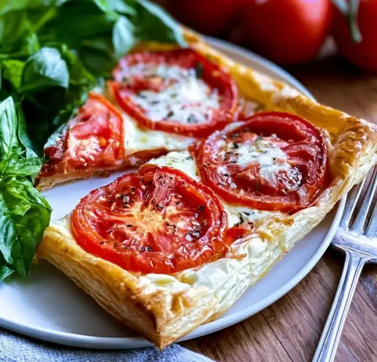A delicious puff pastry tomato tart garnished with fresh herbs