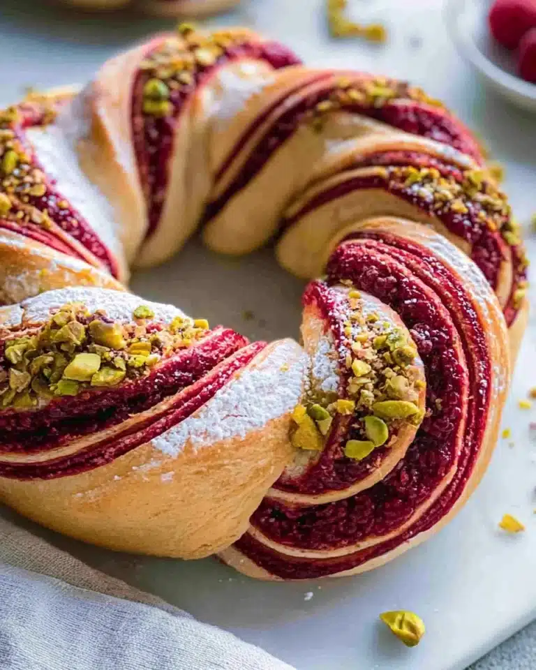 Raspberry and Pistachio Wreath dessert with vibrant colors and intricate design.