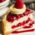 Delicious raspberry cheesecake topped with fresh raspberries and swirls of cream.