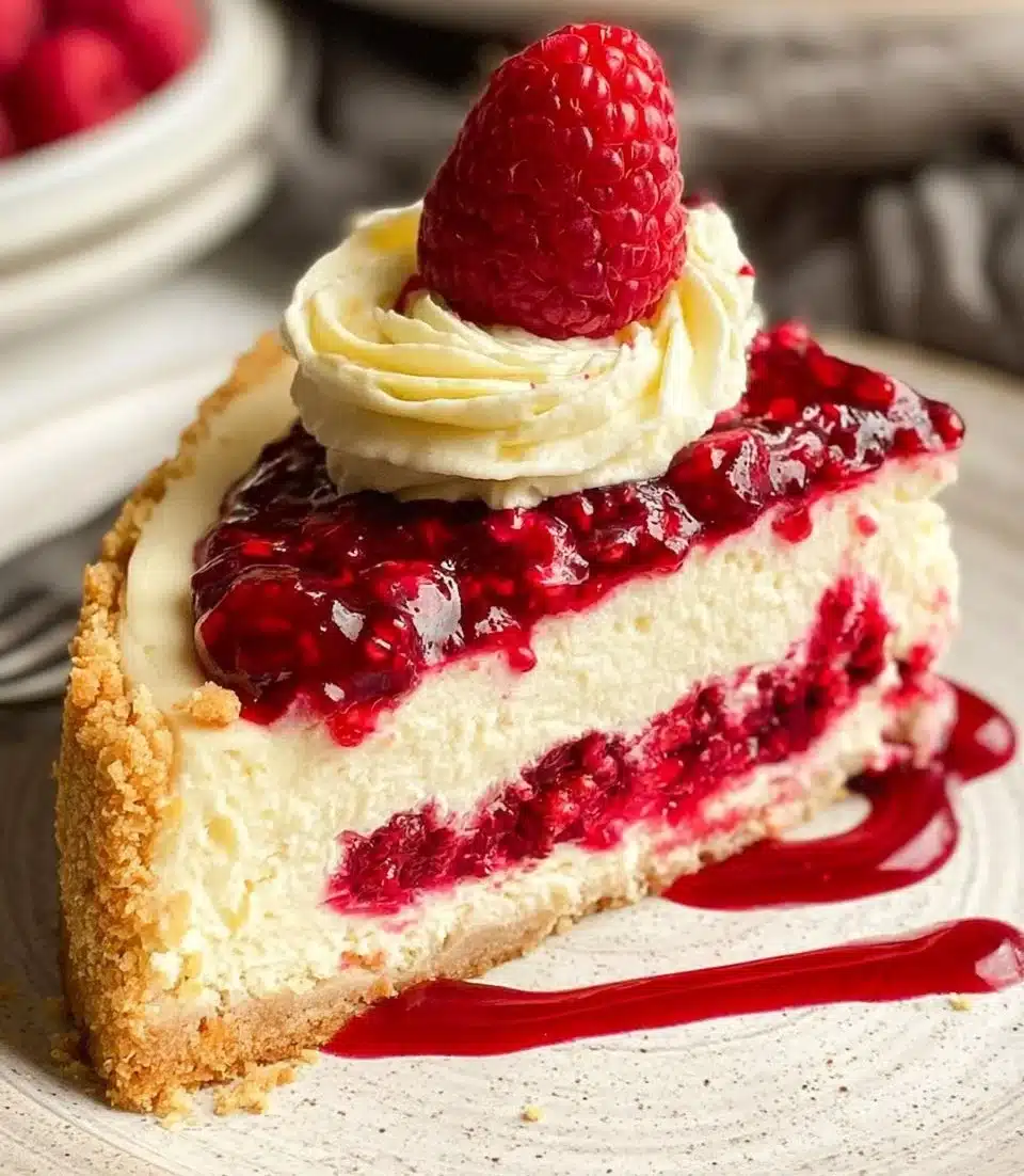 Delicious raspberry cheesecake topped with fresh raspberries and swirls of cream.