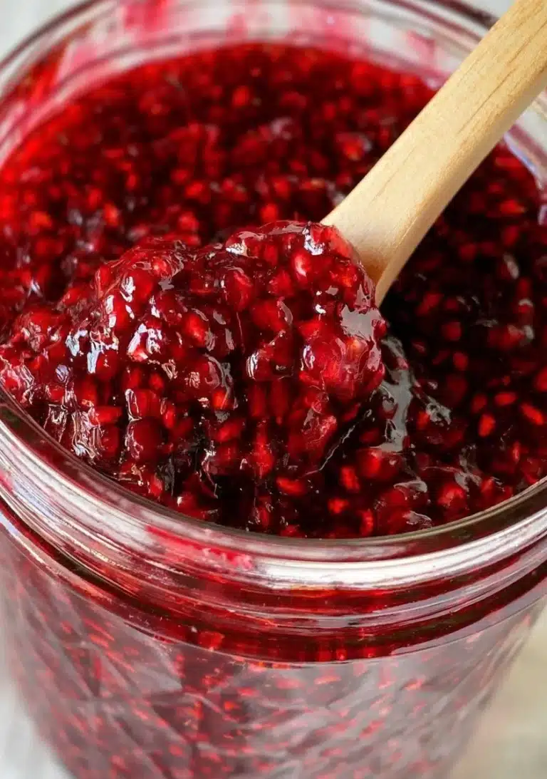 Homemade raspberry jam in a jar with fresh raspberries nearby