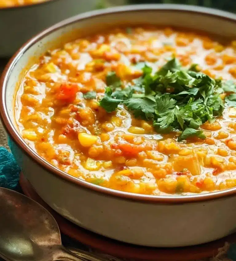 Bowl of Red Lentil Corn Chowder garnished with fresh herbs