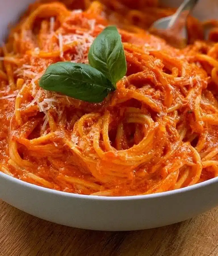 A bowl of homemade red pepper sauce with fresh ingredients