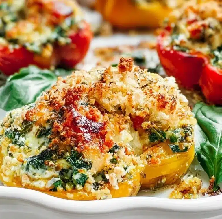 Ricotta stuffed peppers fresh from the oven, garnished with herbs and spices.
