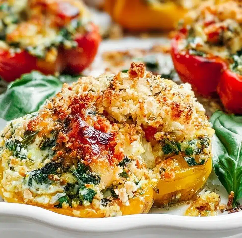 Ricotta stuffed peppers fresh from the oven, garnished with herbs and spices.