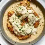 Sour Cream and Onion Chicken plated with herbs and side dishes