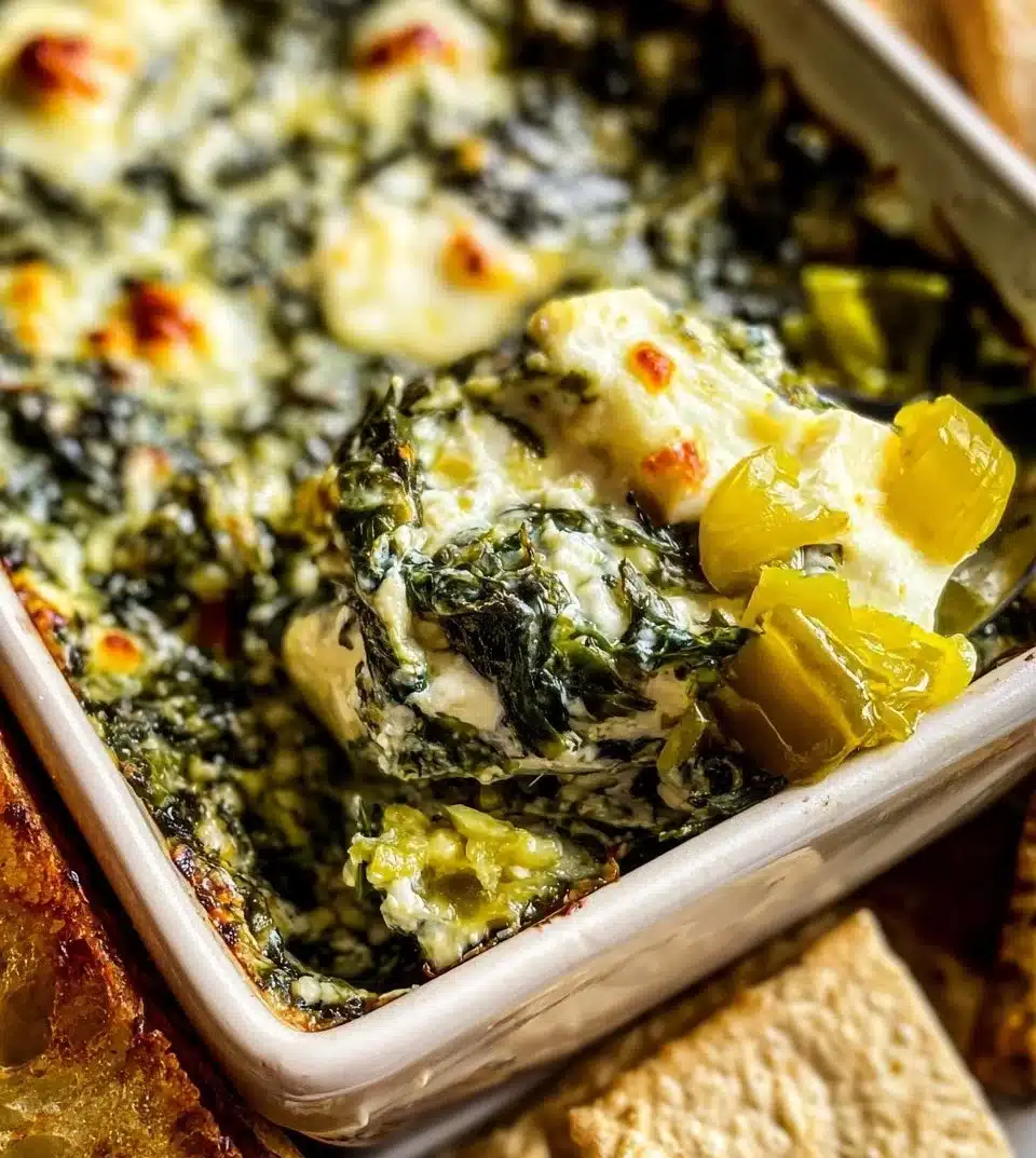 Delicious spinach and pepperoncini baked feta dip served in a bowl
