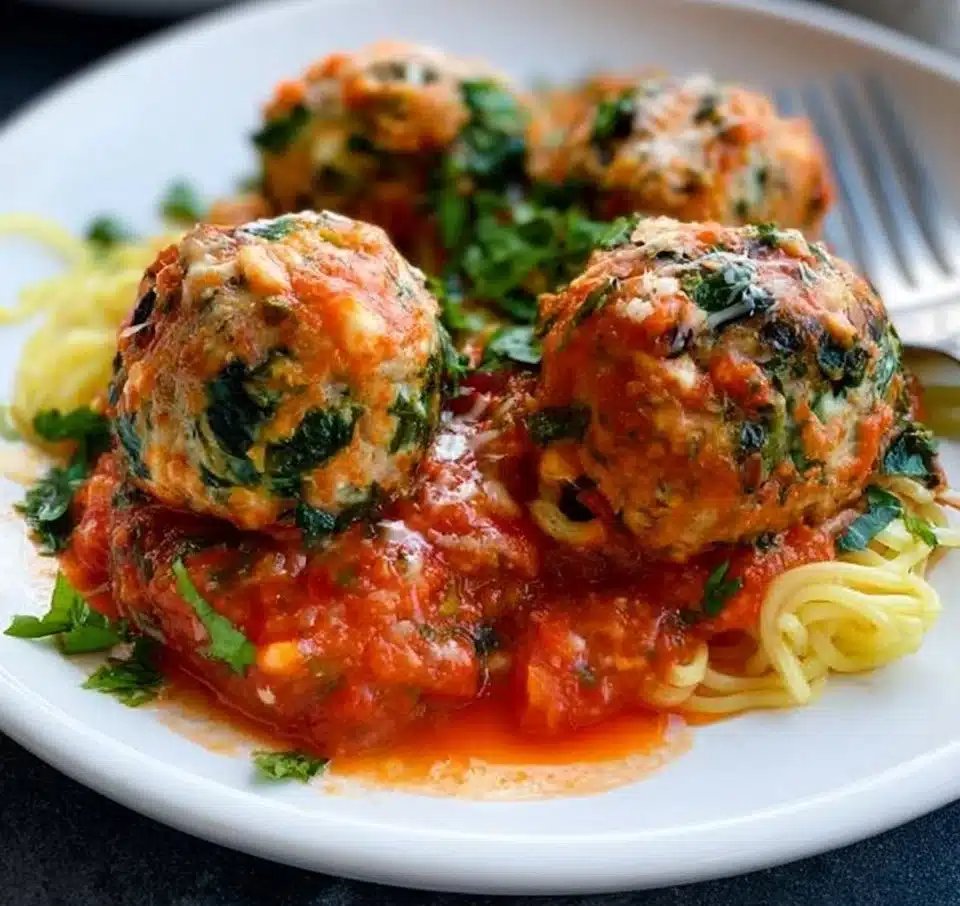 Spinach Feta Turkey Meatballs served on a plate with fresh herbs
