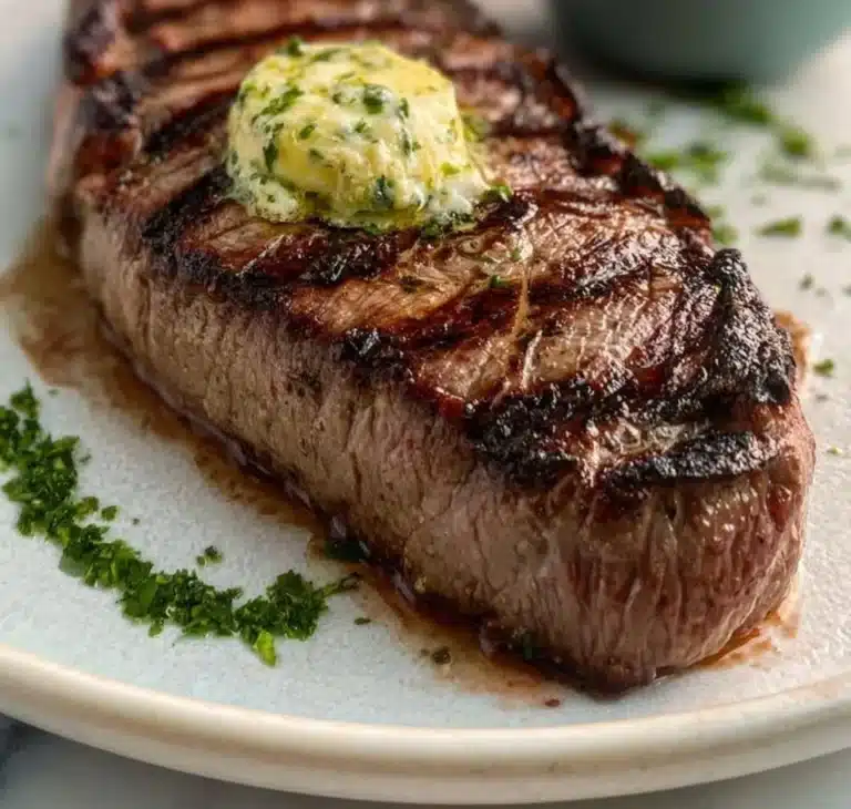 Steak topped with delicious herb butter on a plate, garnished with fresh herbs