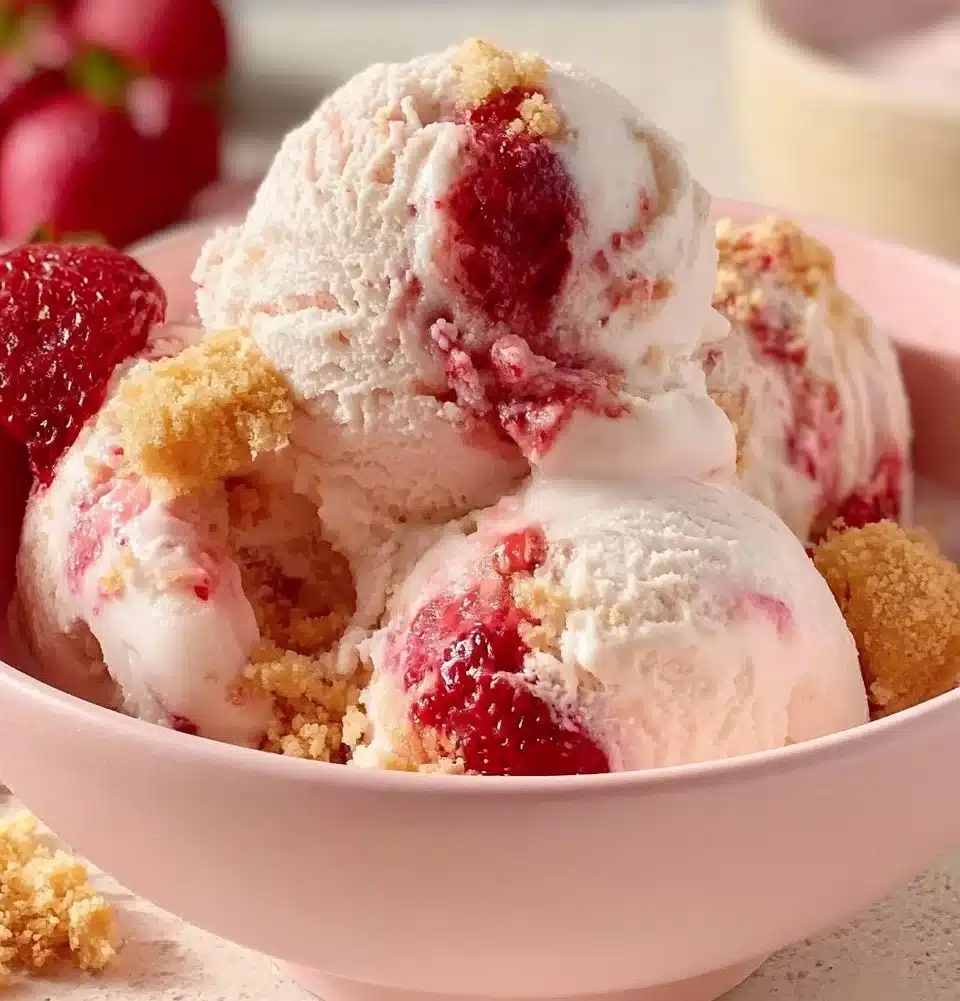 Delicious Strawberry Cheesecake Gelato in a bowl topped with fresh strawberries.