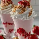 Delicious strawberry cheesecake milkshake topped with whipped cream and strawberries.