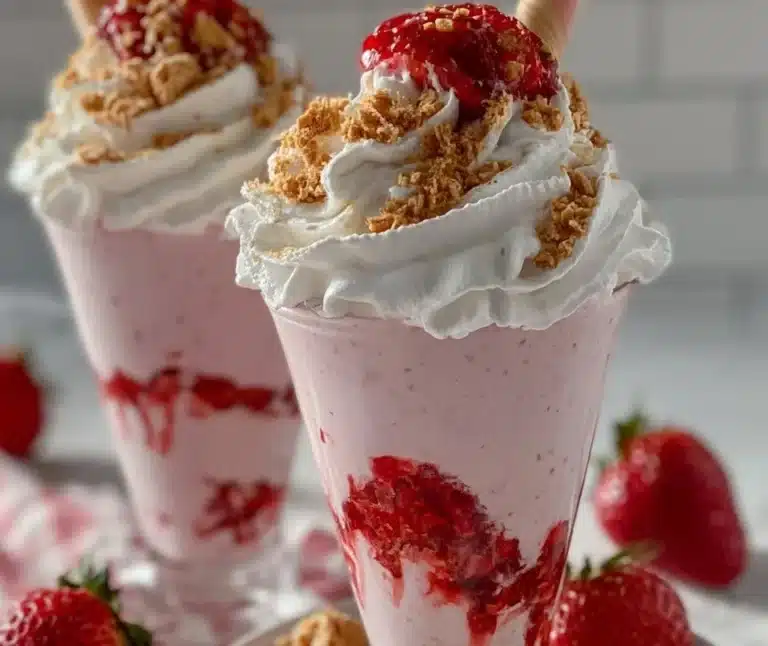 Delicious strawberry cheesecake milkshake topped with whipped cream and strawberries.