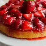 Slice of Strawberry Upside Down Cake topped with fresh strawberries and caramel glaze.