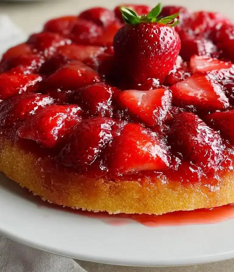 Slice of Strawberry Upside Down Cake topped with fresh strawberries and caramel glaze.