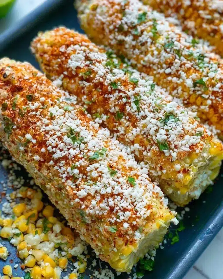 Delicious street corn topped with cheese and spices served on a wooden stick